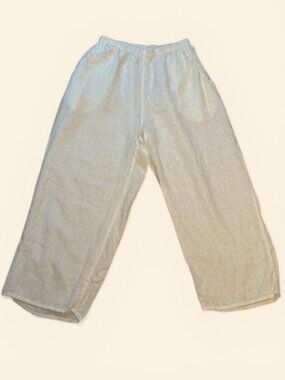 FLAX Linen Pants Wide Leg Cropped Natural Beige Pull On Elastic Waist Lagenlook